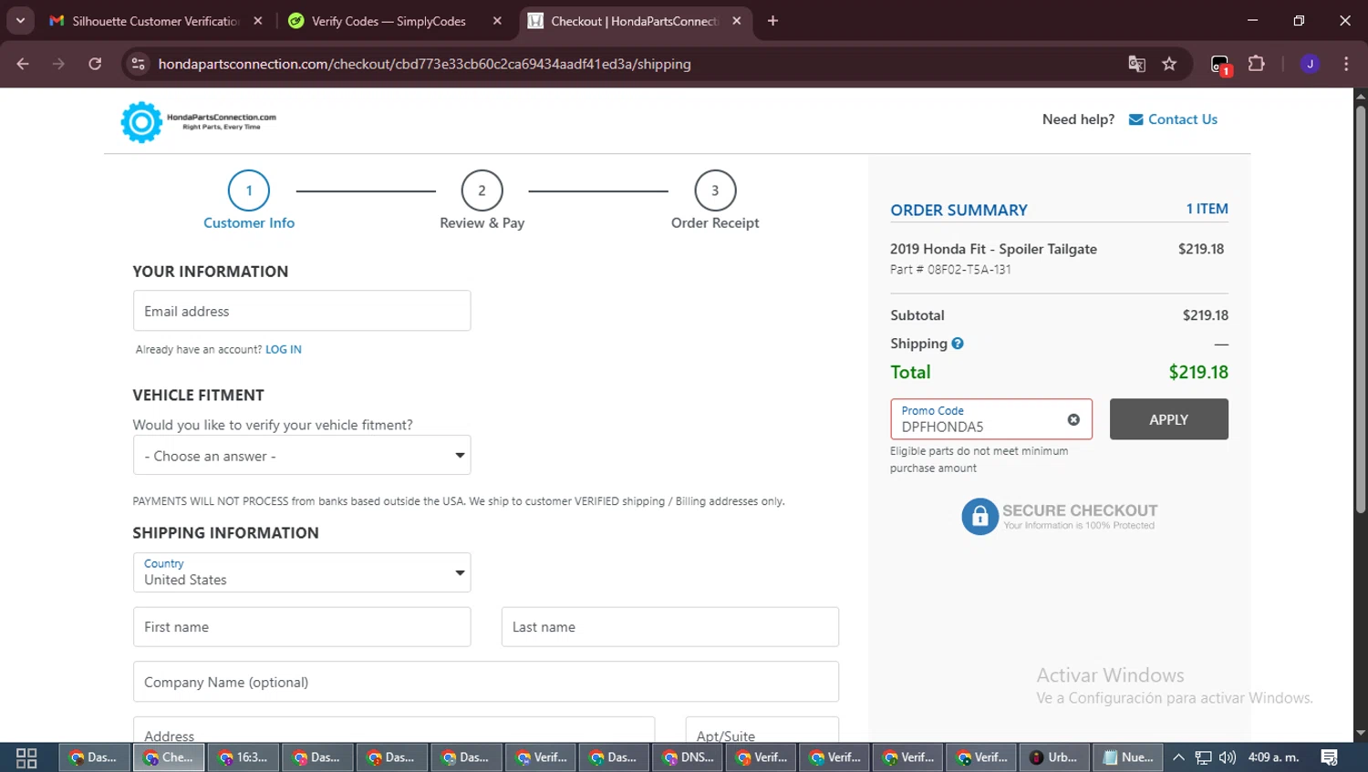 Honda Parts Connection promo code screenshot showing code DPFHONDA5 applied at Honda Parts Connection checkout page. Uploaded by SimplyCodes community member LegendaryLegend9872 on Nov 23, 2025