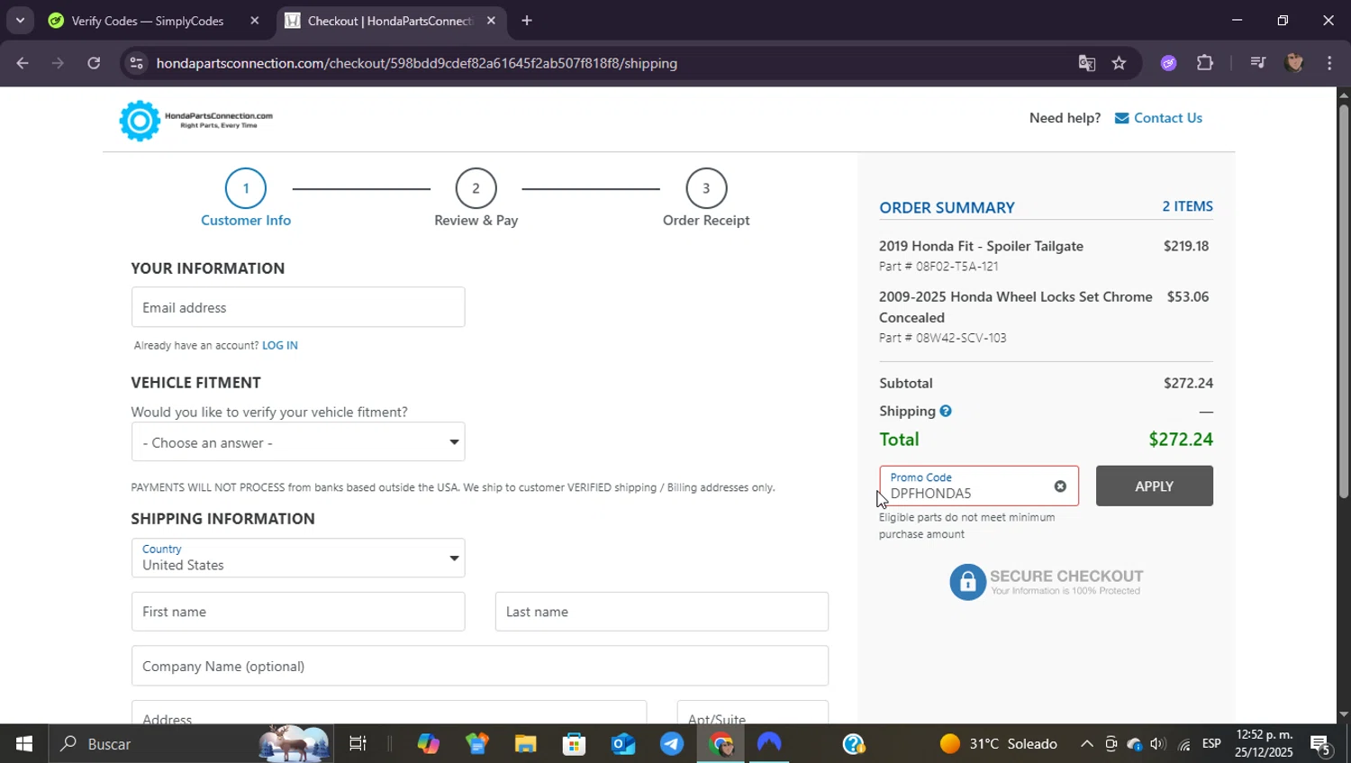 Honda Parts Connection promo code screenshot showing code DPFHONDA5 applied at Honda Parts Connection checkout page. Uploaded by SimplyCodes community member ShieldEagle9436 on Dec 25, 2025