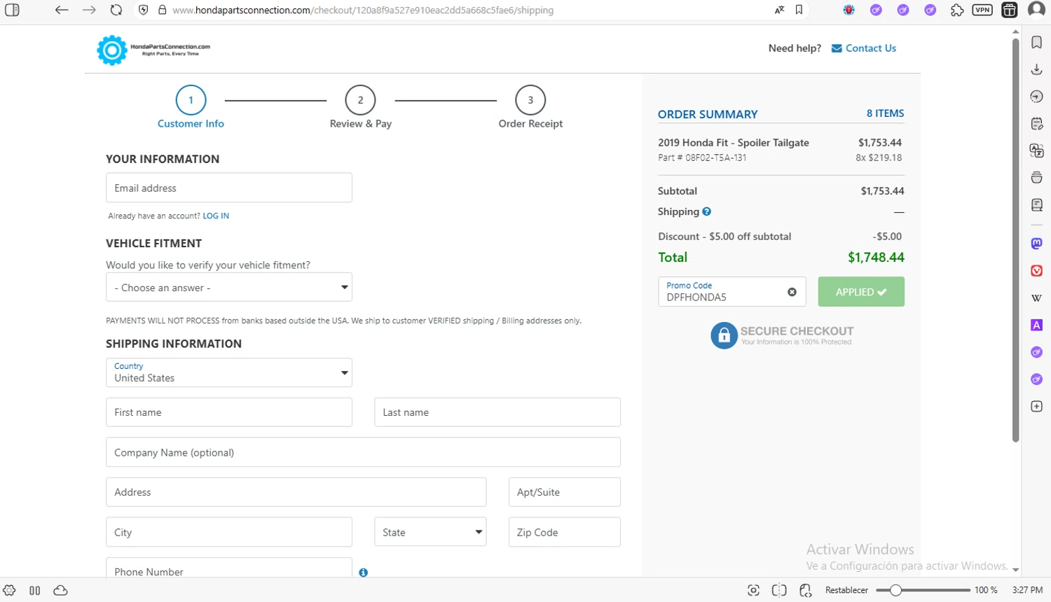 Honda Parts Connection checkout page showing Honda Parts Connection promo code box | Screenshot taken by SimplyCodes community member on Feb 22, 2026