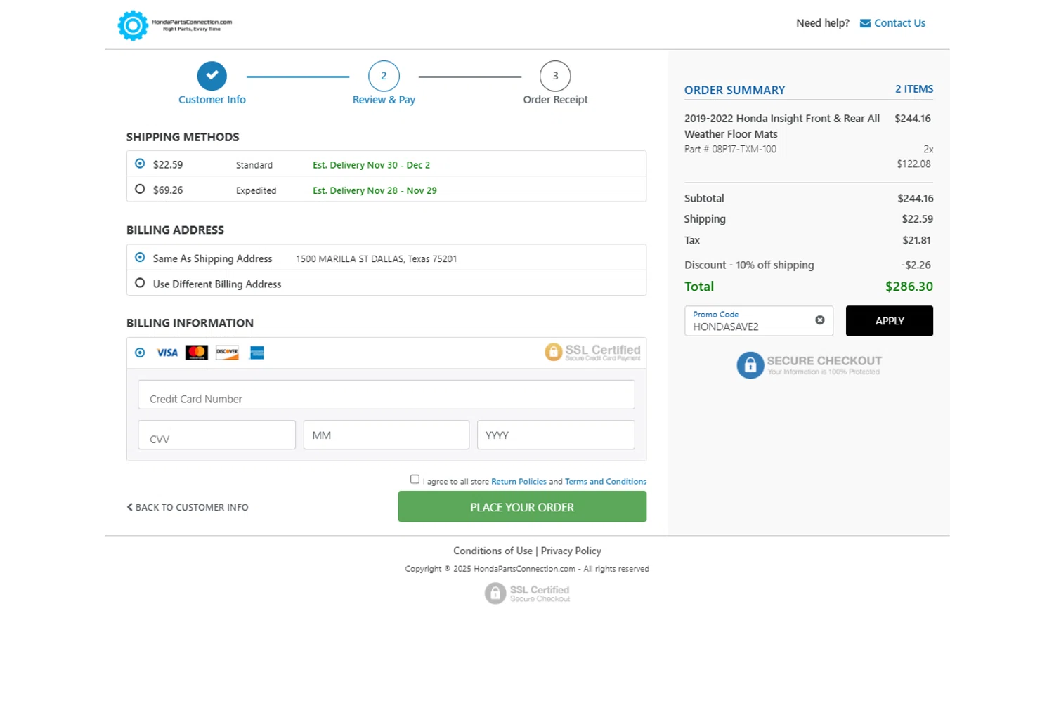 Honda Parts Connection promo code screenshot showing code hondasave2 applied at Honda Parts Connection checkout page. Uploaded by SimplyCodes community member BeaMartinez on Nov 23, 2025