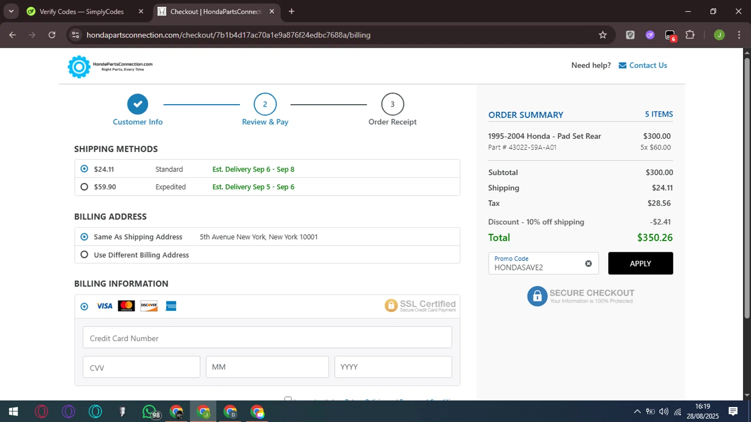 Honda Parts Connection promo code screenshot showing code hondasave2 applied at Honda Parts Connection checkout page. Uploaded by SimplyCodes community member QueTeImporta on Aug 28, 2025