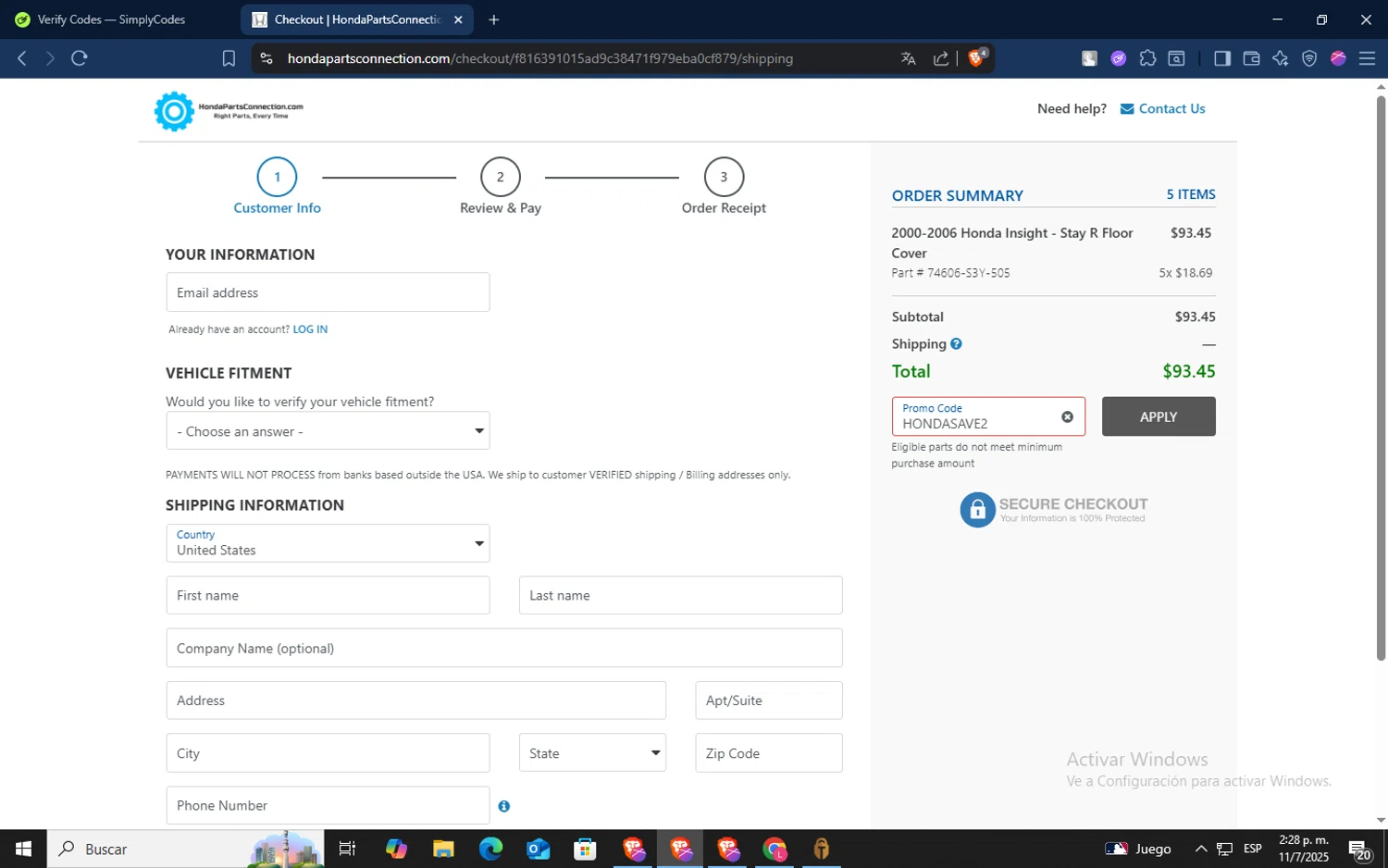 Honda Parts Connection promo code screenshot showing code hondasave2 applied at Honda Parts Connection checkout page. Uploaded by SimplyCodes community member TokenSaver1205 on Jul 11, 2025