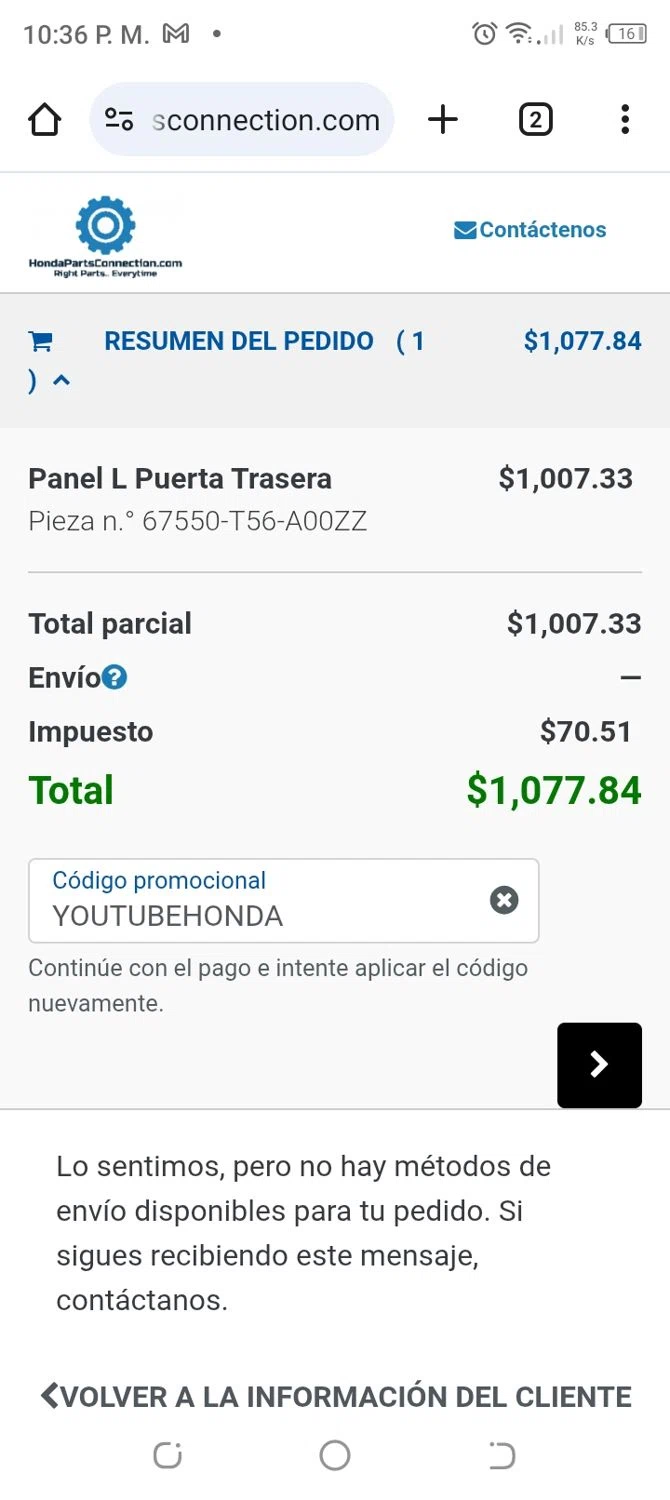 Honda Parts Connection promo code screenshot showing code YOUTUBEHONDA applied at Honda Parts Connection checkout page. Uploaded by SimplyCodes community member CoinBoss7109 on May 28, 2025