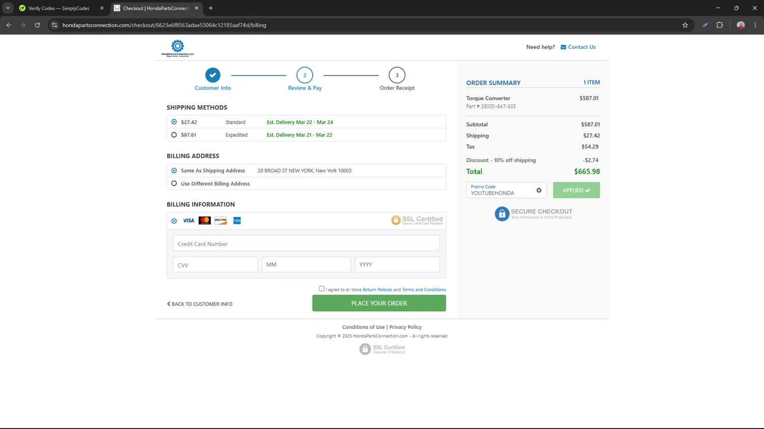 Honda Parts Connection promo code screenshot showing code YOUTUBEHONDA applied at Honda Parts Connection checkout page. Uploaded by SimplyCodes community member necesitoplata on Mar 13, 2025