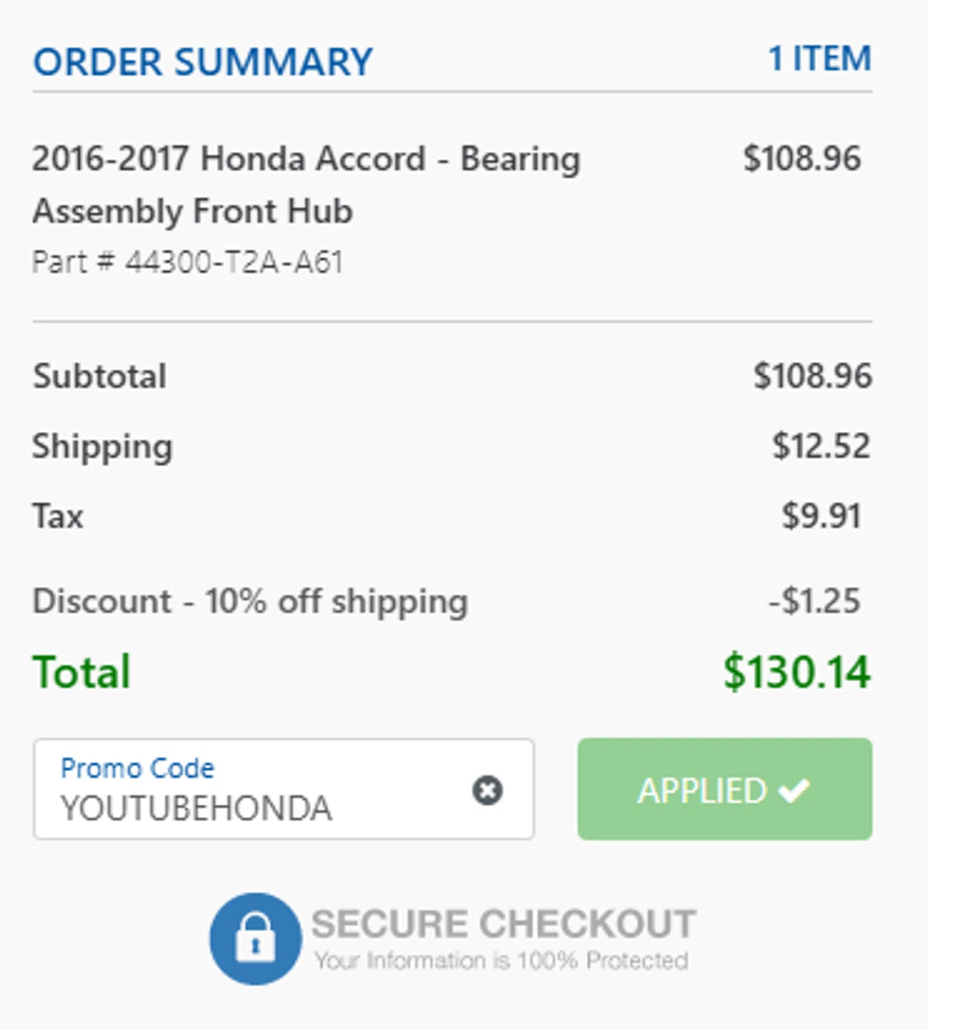 Honda Parts Connection promo code screenshot showing code YOUTUBEHONDA applied at Honda Parts Connection checkout page. Uploaded by SimplyCodes community member MagnificentCollector7829 on Apr 21, 2025