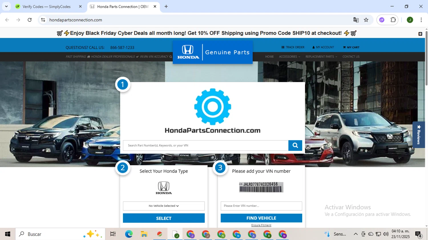 Honda Parts Connection promo code screenshot showing code SHIP10 applied at Honda Parts Connection checkout page. Uploaded by SimplyCodes community member CleverSeeker3529 on Nov 23, 2025