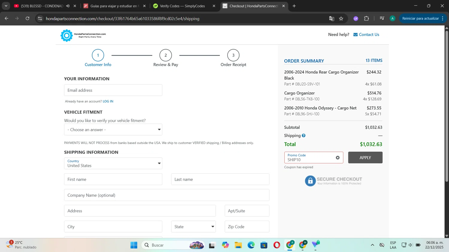 Honda Parts Connection promo code screenshot showing code SHIP10 applied at Honda Parts Connection checkout page. Uploaded by SimplyCodes community member CouponSentinel181 on Dec 22, 2025