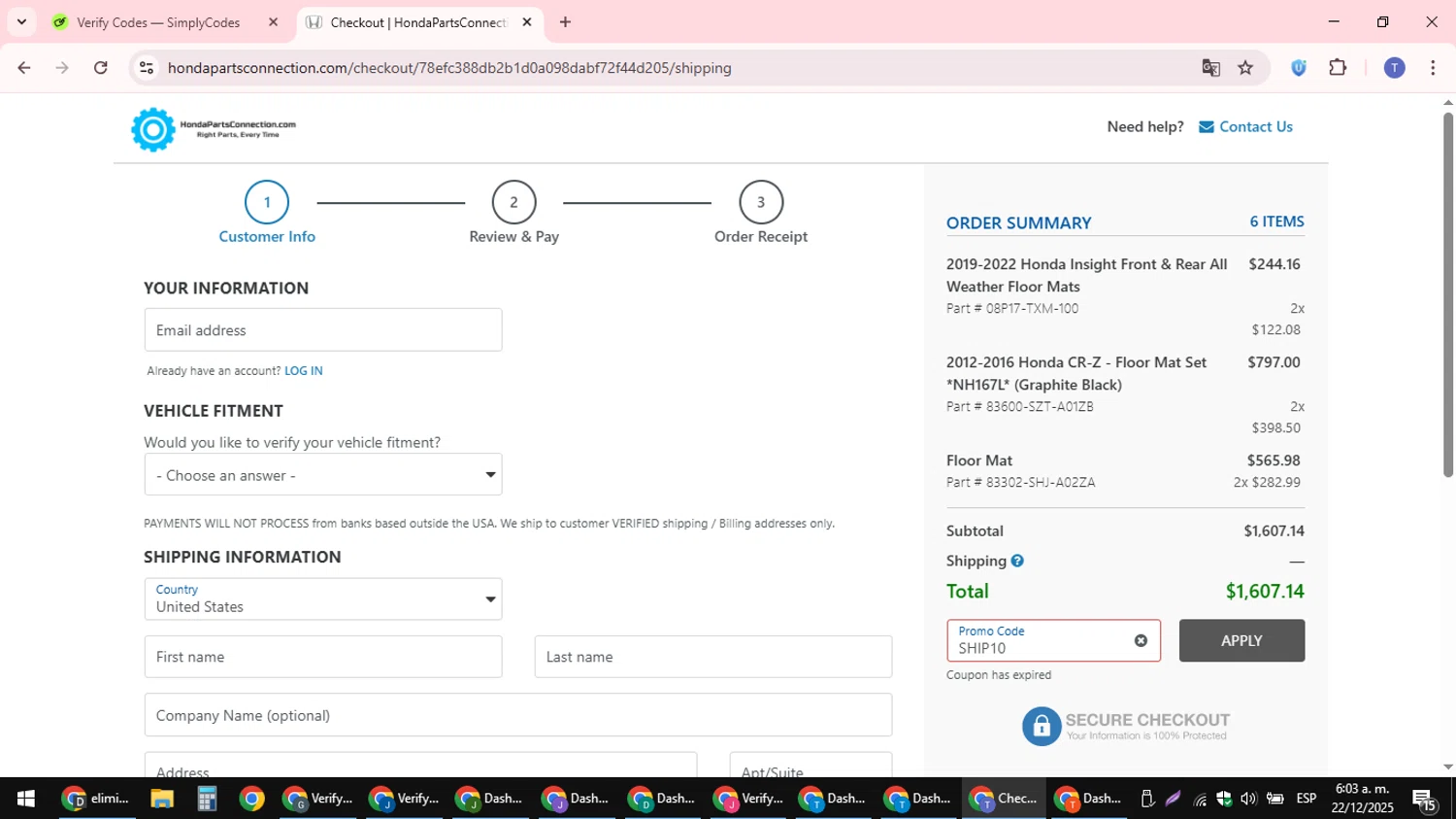 Honda Parts Connection promo code screenshot showing code SHIP10 applied at Honda Parts Connection checkout page. Uploaded by SimplyCodes community member snidertom8 on Dec 22, 2025