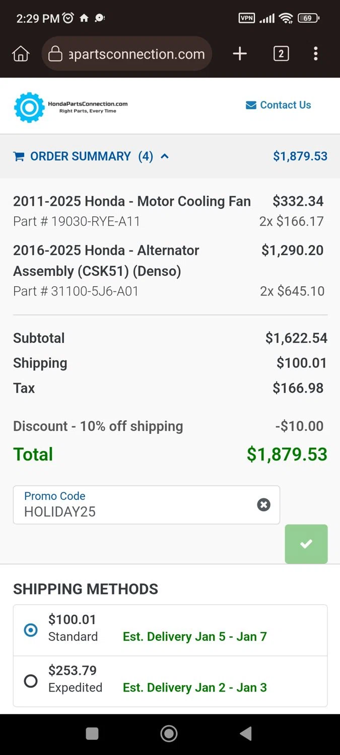 Honda Parts Connection promo code screenshot showing code HOLIDAY25 applied at Honda Parts Connection checkout page. Uploaded by SimplyCodes community member CrownLion2750 on Dec 25, 2025
