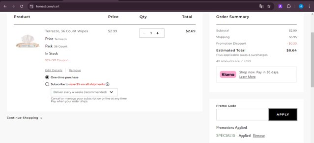 Honest checkout page showing Honest promo code box | Screenshot taken by SimplyCodes community member on Aug 9, 2024