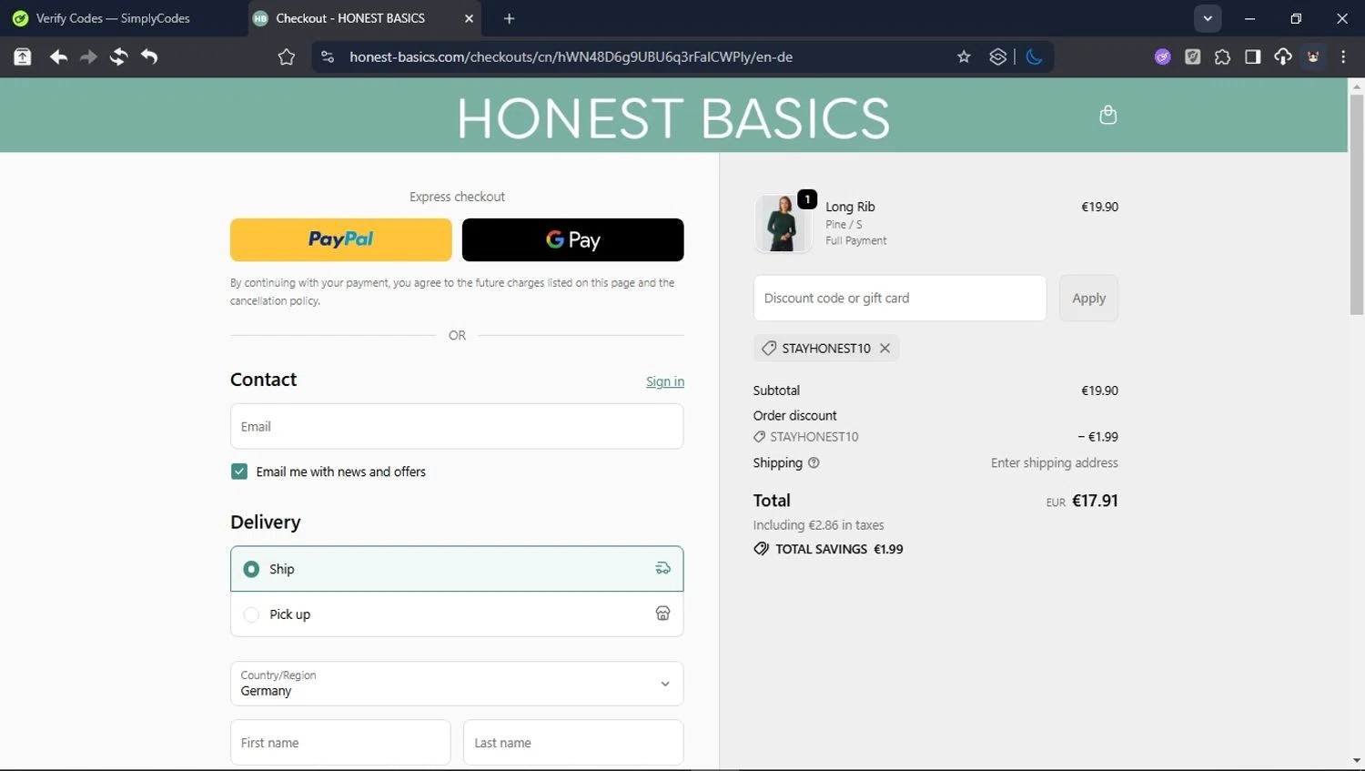Honest Basics discount code screenshot showing code STAYHONEST10 applied at Honest Basics checkout page. Uploaded by SimplyCodes community member BrilliantTitan6909 on Oct 15, 2025