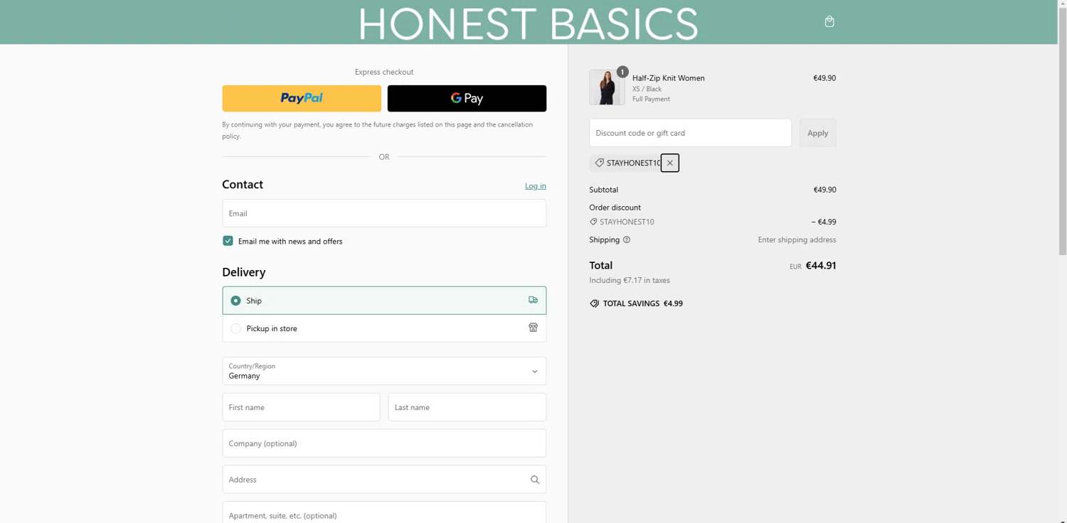 Honest Basics discount code screenshot showing code STAYHONEST10 applied at Honest Basics checkout page. Uploaded by SimplyCodes community member brrrrr on Mar 1, 2025