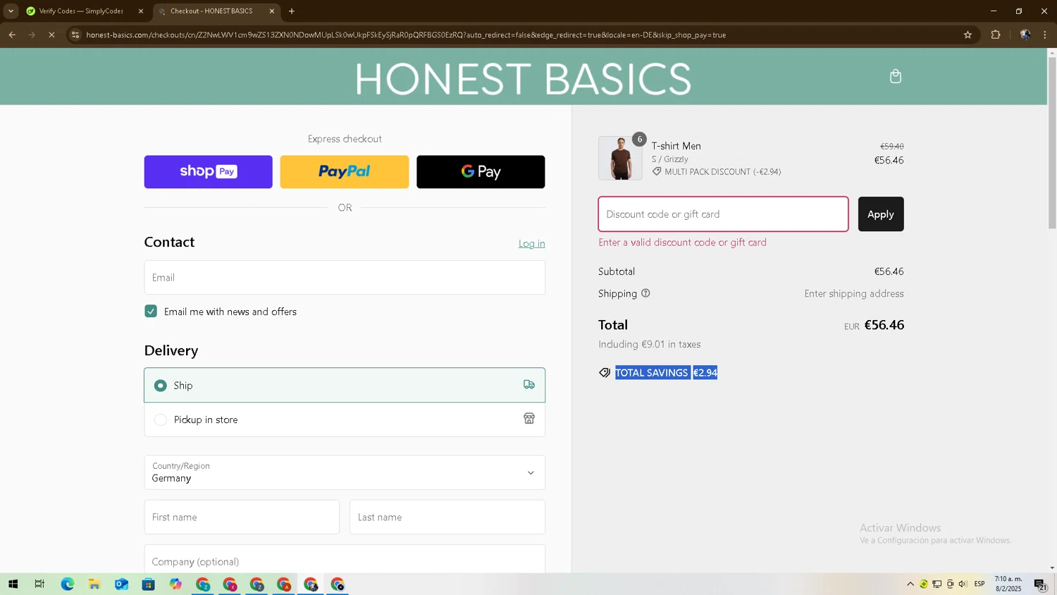 Honest Basics discount code screenshot showing code DONTWORRYBEHONEST10 applied at Honest Basics checkout page. Uploaded by SimplyCodes community member zadquiel on Feb 8, 2025