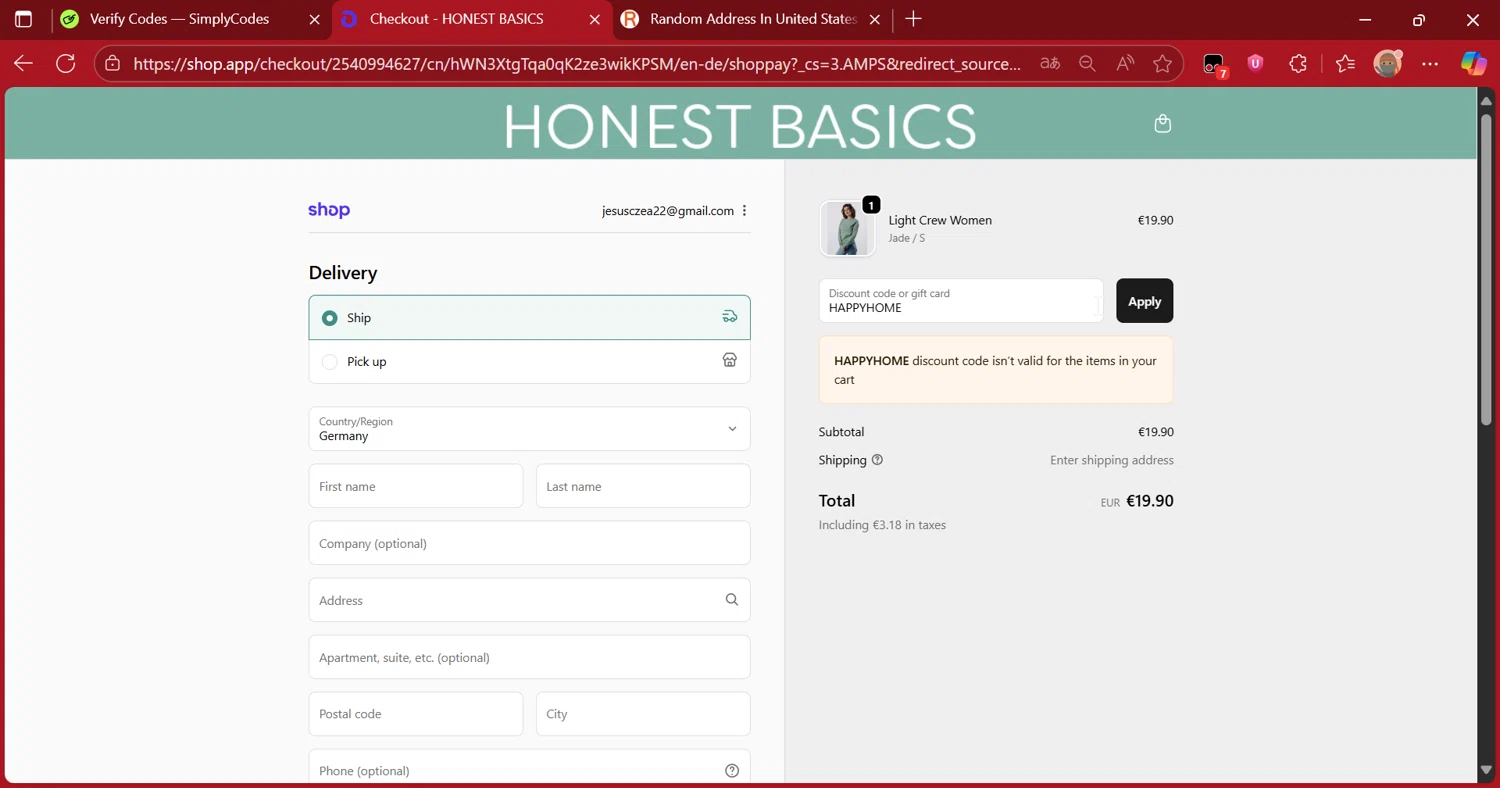 Honest Basics discount code screenshot showing code HAPPYHOME applied at Honest Basics checkout page. Uploaded by SimplyCodes community member DiscountScout1417 on Sep 29, 2025