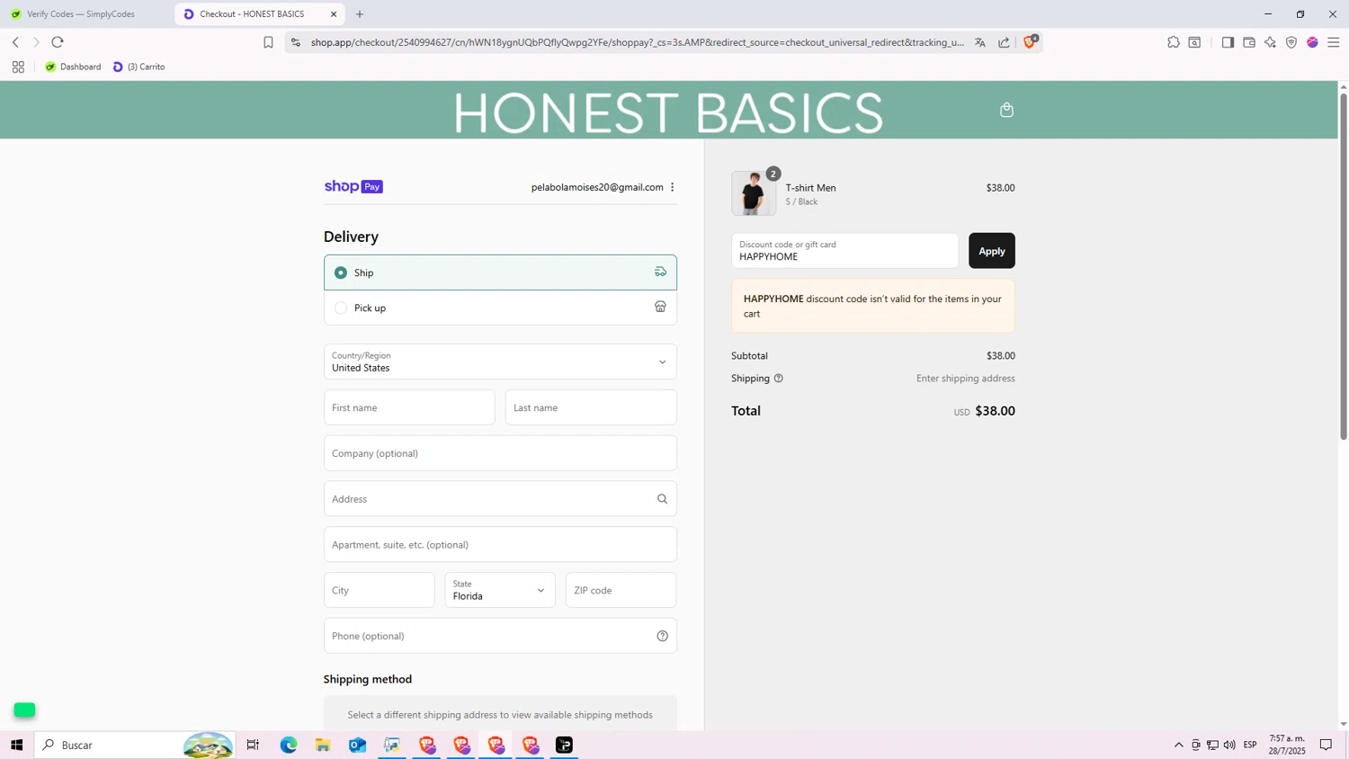 Honest Basics discount code screenshot showing code HAPPYHOME applied at Honest Basics checkout page. Uploaded by SimplyCodes community member NARUTO_UZUMAKIsx on Jul 28, 2025