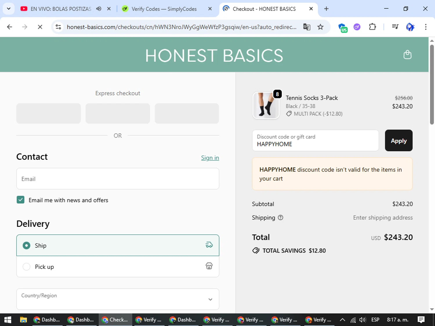 Honest Basics discount code screenshot showing code HAPPYHOME applied at Honest Basics checkout page. Uploaded by SimplyCodes community member WiseHunter8213 on Sep 25, 2025