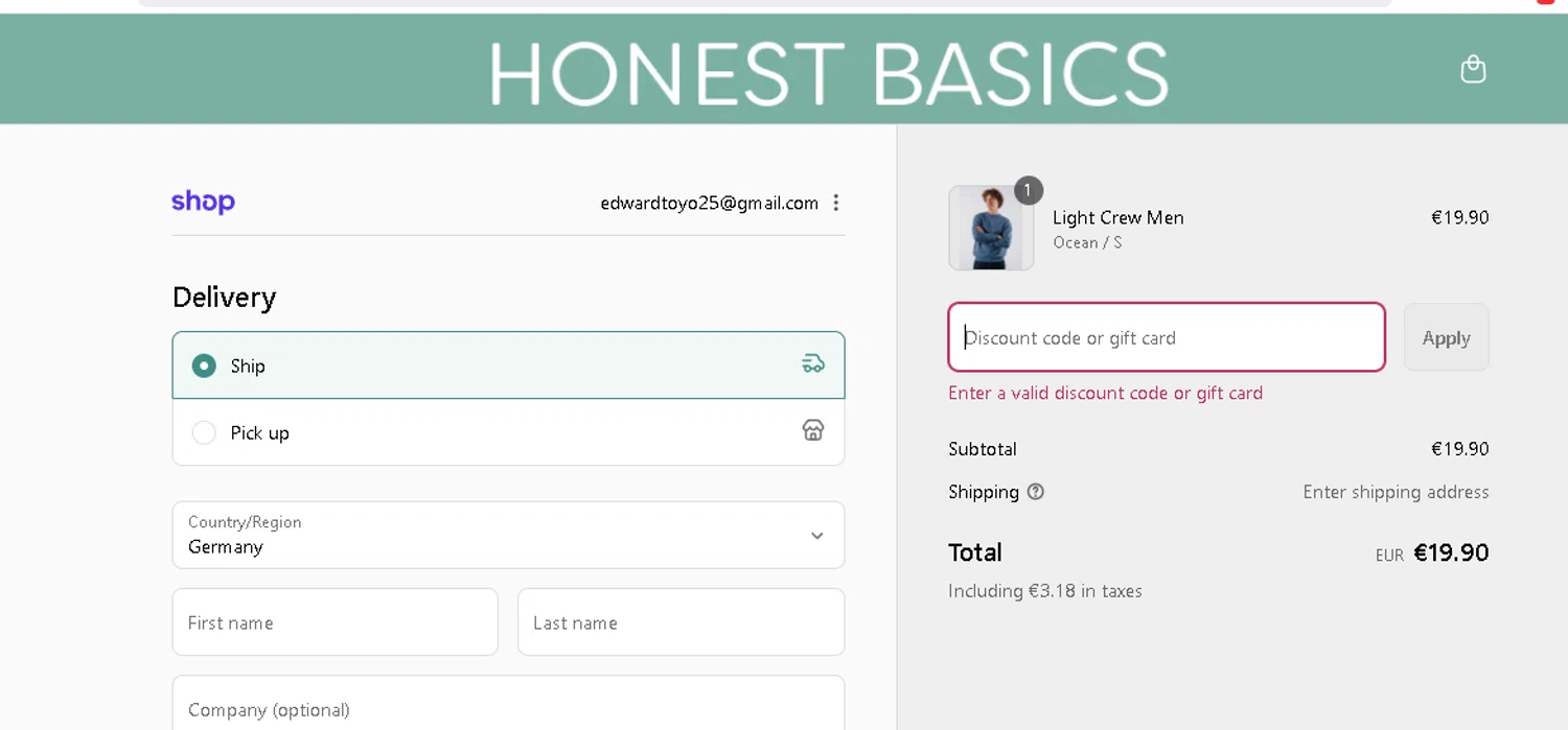 Honest Basics discount code screenshot showing code HappyBirthday7 applied at Honest Basics checkout page. Uploaded by SimplyCodes community member edwardtoyo on Sep 4, 2025