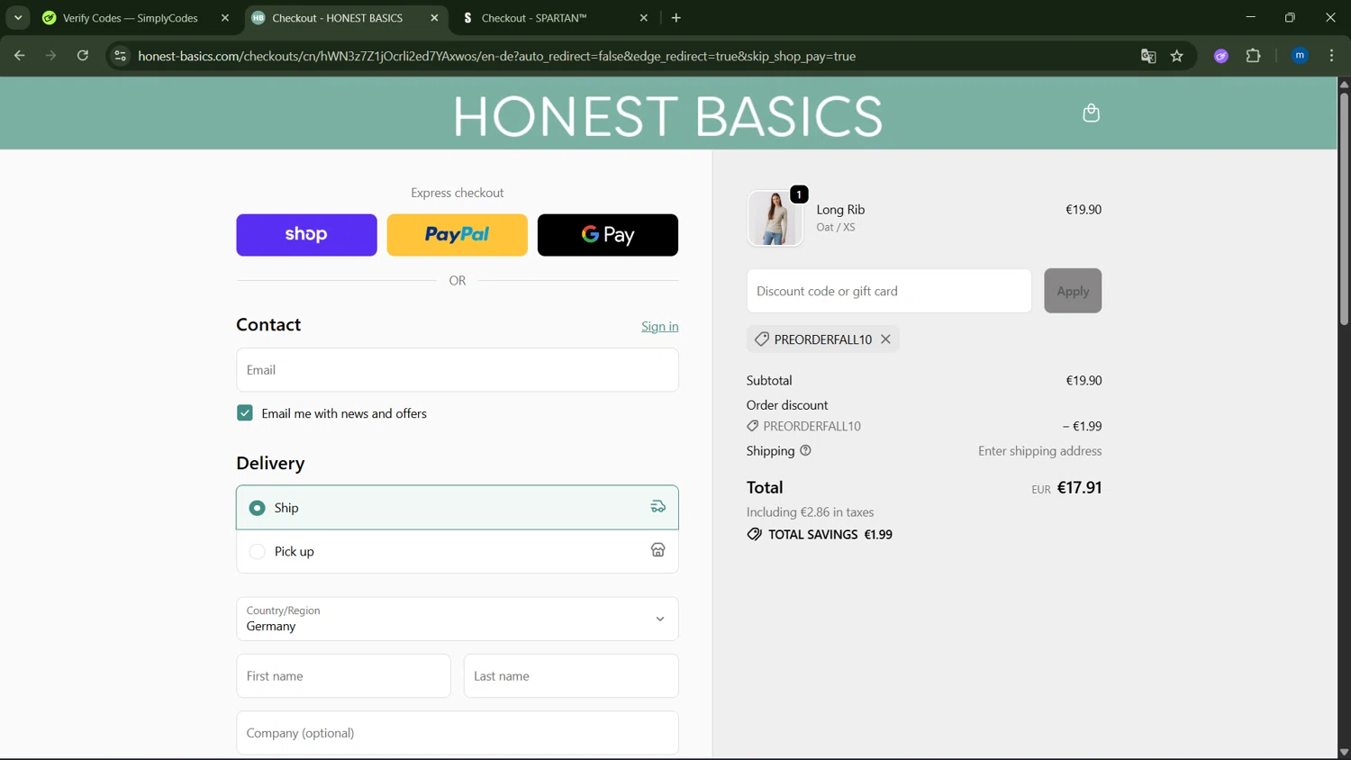 Honest Basics discount code screenshot showing code PreOrderFall10 applied at Honest Basics checkout page. Uploaded by SimplyCodes community member GloriousSpotter8024 on Oct 11, 2025