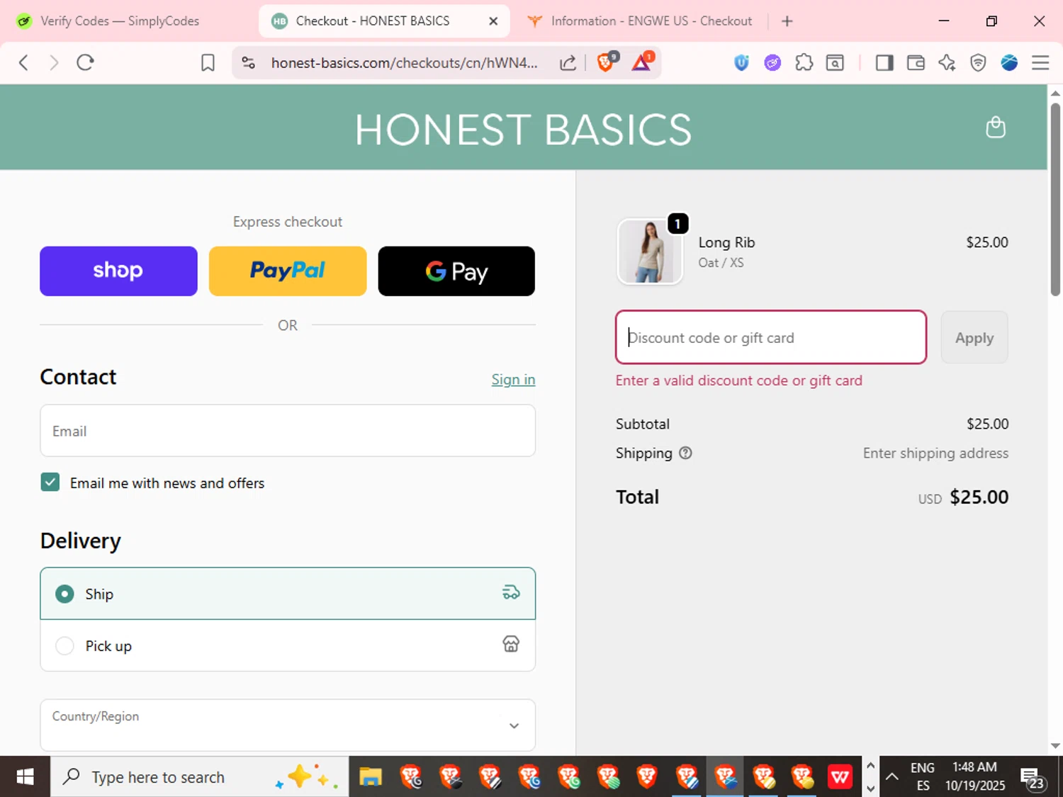 Honest Basics discount code screenshot showing code PreOrderFall10 applied at Honest Basics checkout page. Uploaded by SimplyCodes community member TokenPilot3367 on Oct 19, 2025