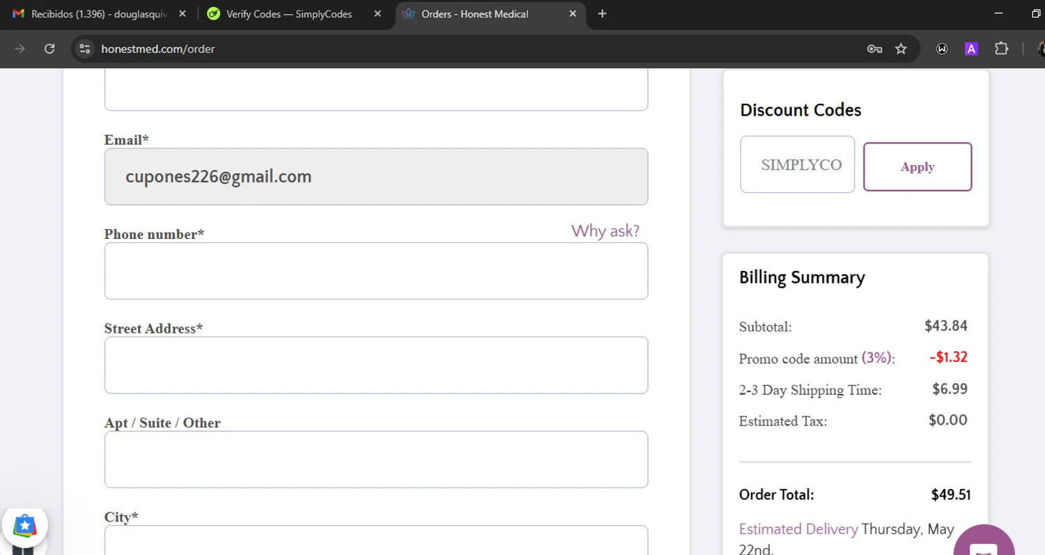 Honest Medical coupon code screenshot showing code SIMPLYCODES3 applied at Honest Medical checkout page. Uploaded by SimplyCodes community member WiseLegend5590 on May 19, 2025