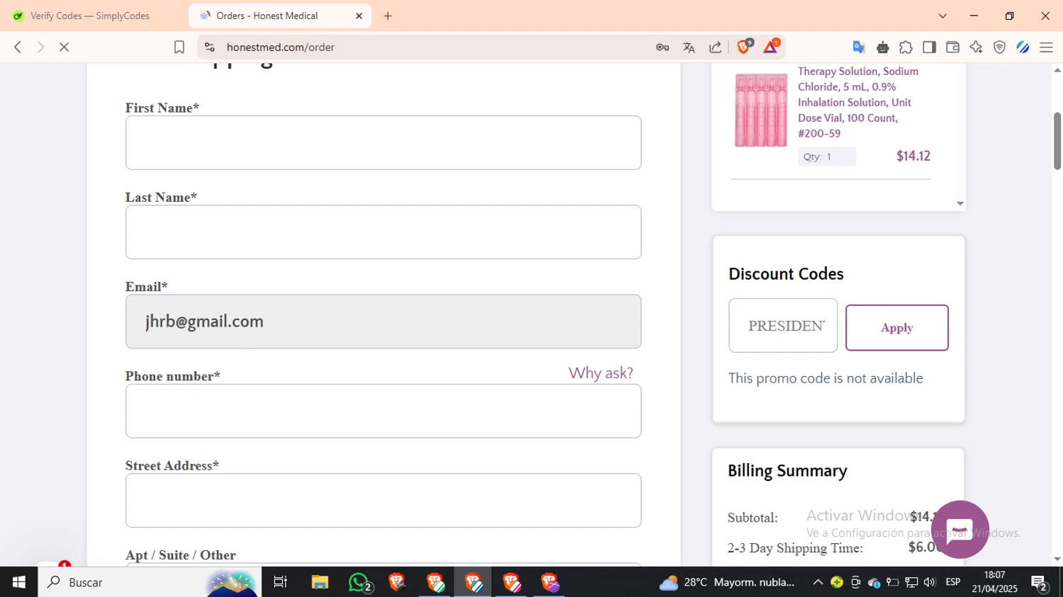 Honest Medical coupon code screenshot showing code PRESIDENT24 applied at Honest Medical checkout page. Uploaded by SimplyCodes community member SilverKnight3628 on Apr 21, 2025
