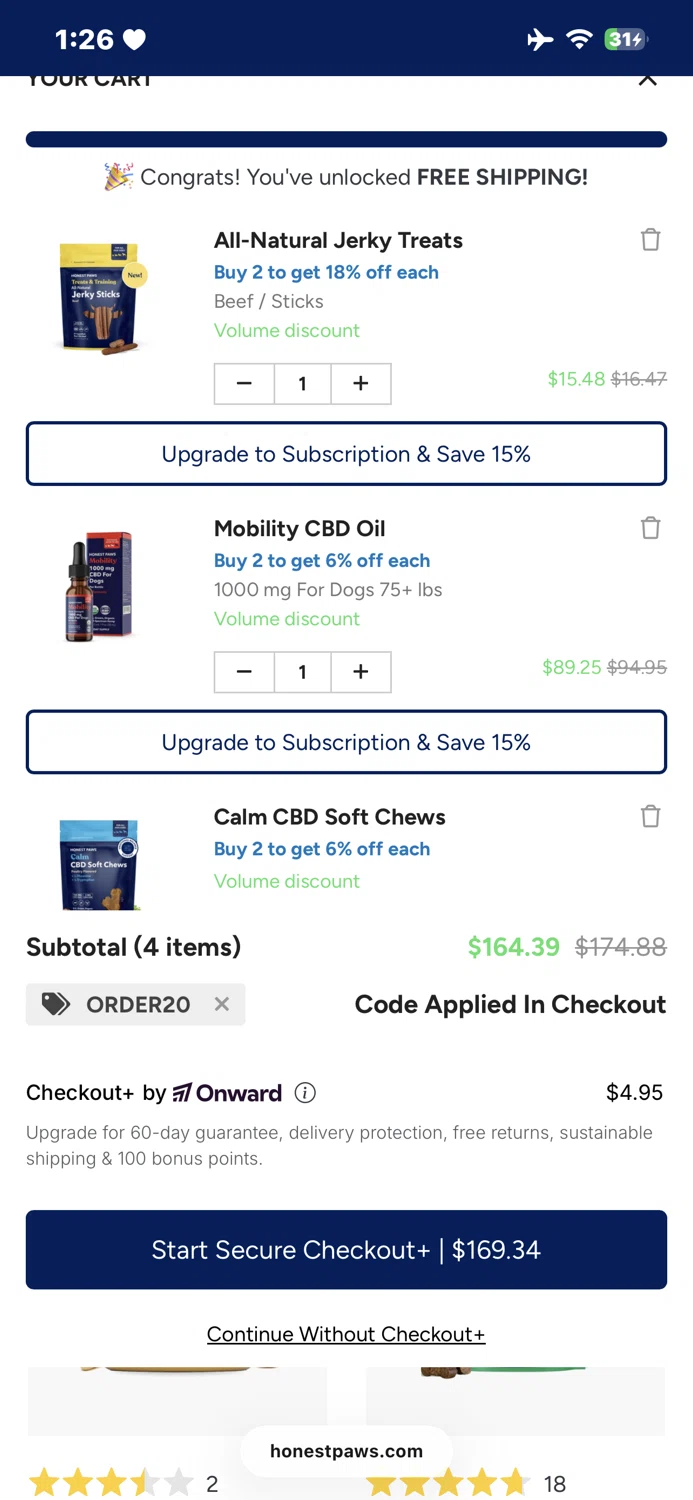 Honest Paws discount code screenshot showing code Order20 applied at Honest Paws checkout page. Uploaded by SimplyCodes community member TraxoGamer on Oct 19, 2025