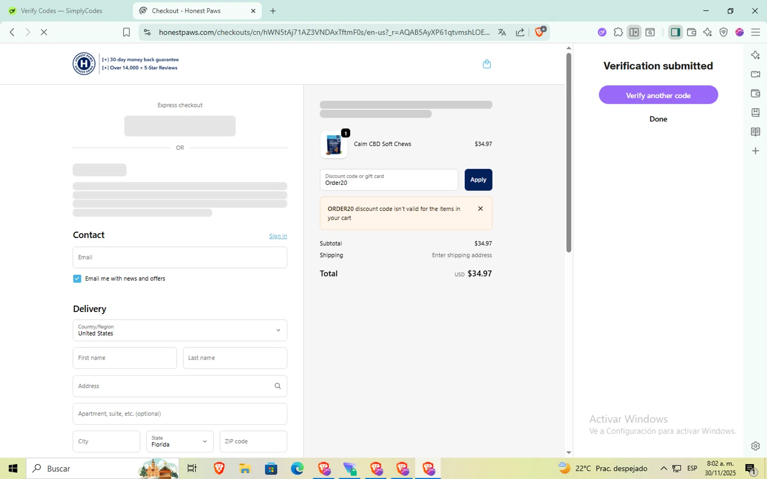 Honest Paws discount code screenshot showing code Order20 applied at Honest Paws checkout page. Uploaded by SimplyCodes community member aaaaaaaaaaaaaaa on Nov 30, 2025