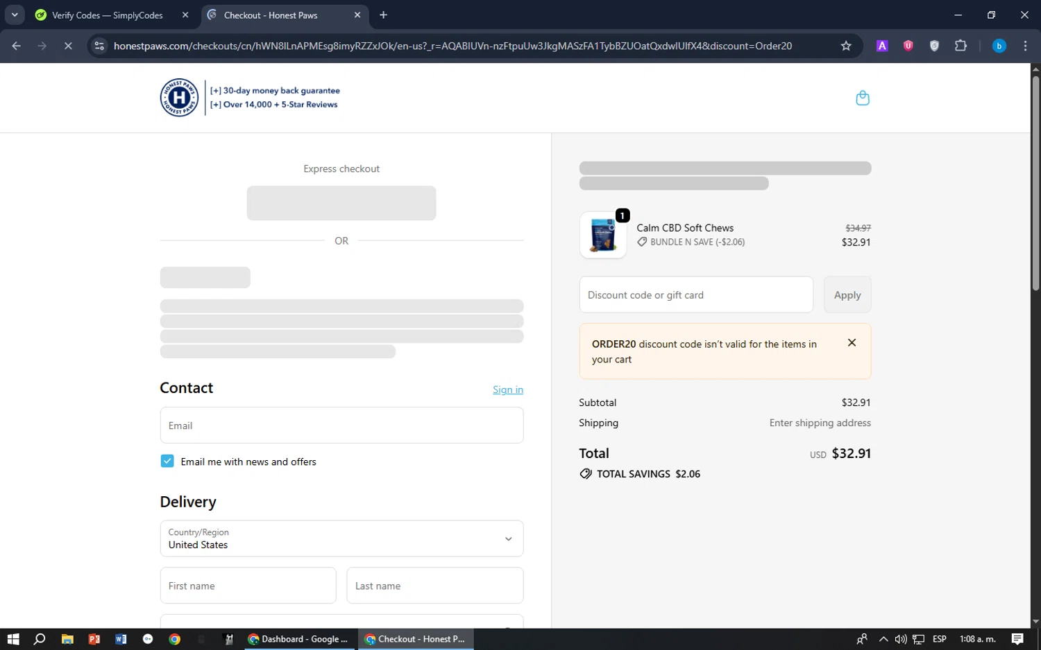 Honest Paws checkout page showing Honest Paws discount code box | Screenshot taken by SimplyCodes community member on Feb 14, 2026