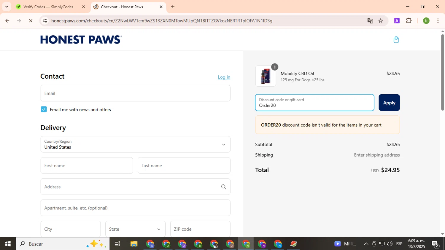 Honest Paws discount code screenshot showing code Order20 applied at Honest Paws checkout page. Uploaded by SimplyCodes community member TokenMaverick6956 on Mar 13, 2025