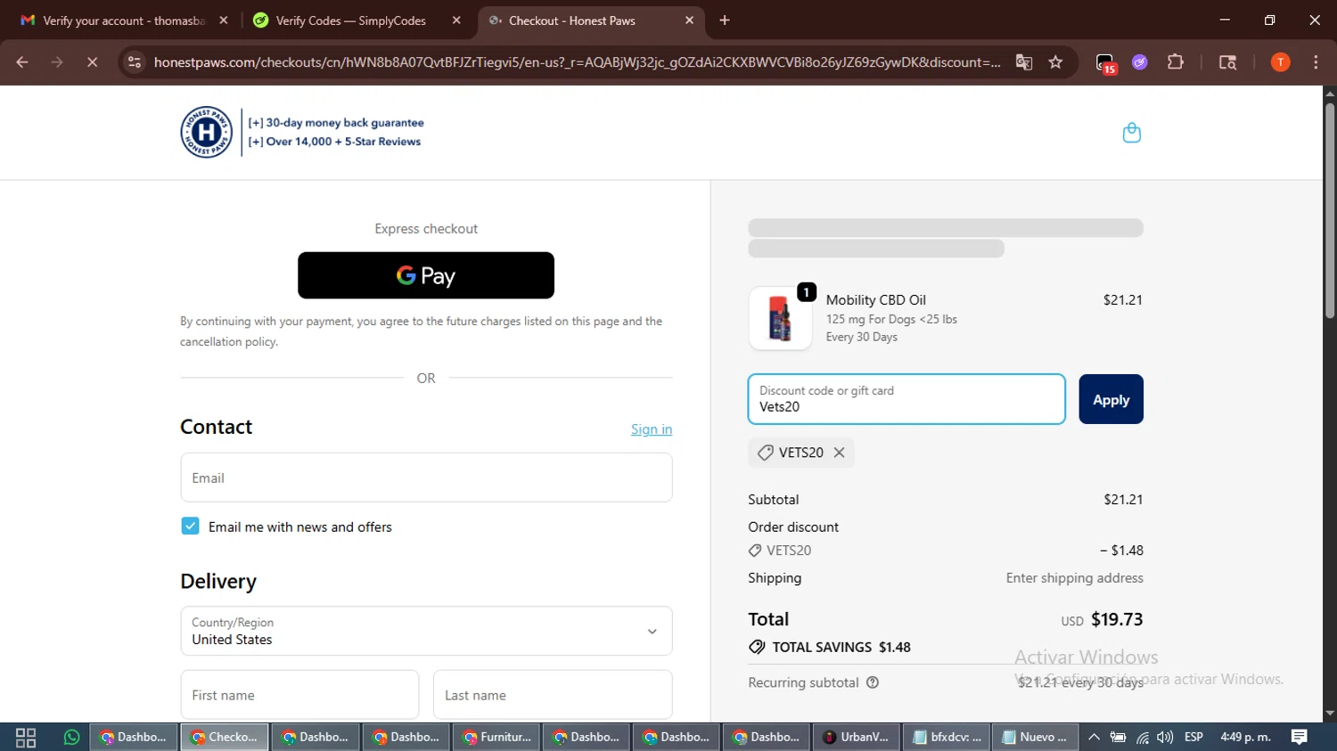 Honest Paws checkout page showing Honest Paws discount code box | Screenshot taken by SimplyCodes community member on Feb 9, 2026