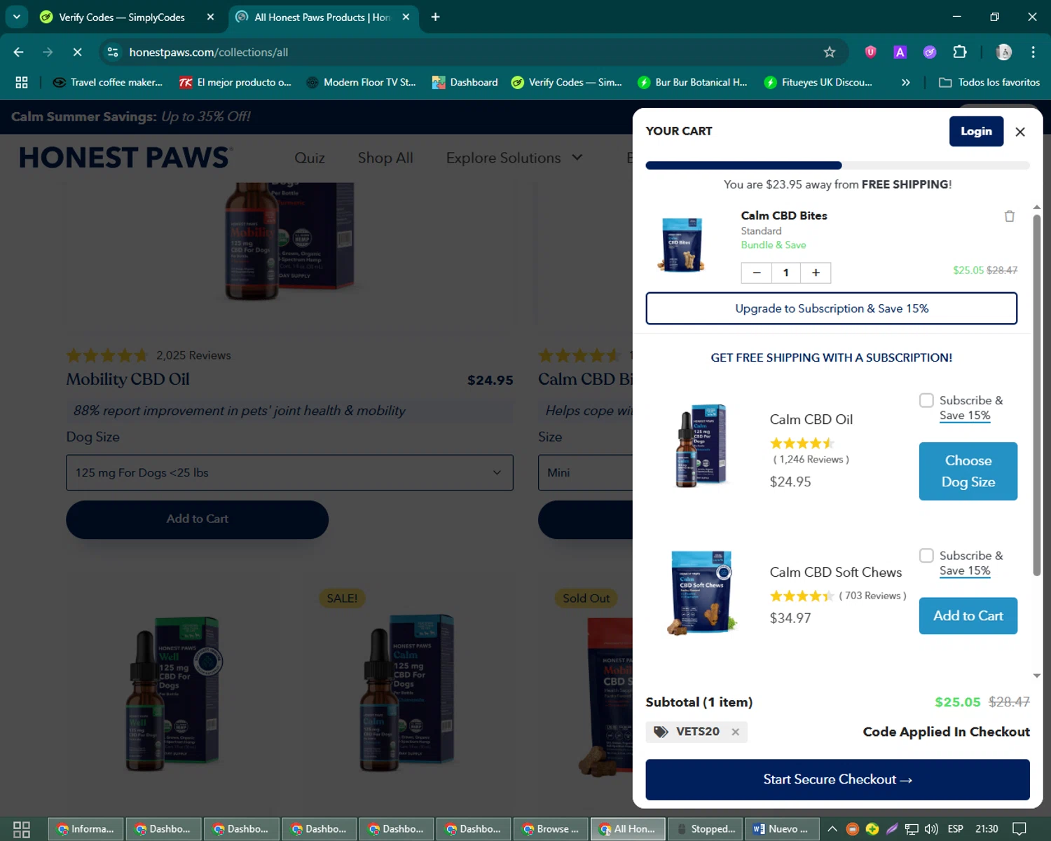 Honest Paws discount code screenshot showing code Vets20 applied at Honest Paws checkout page. Uploaded by SimplyCodes community member John_Johnson on Jul 14, 2025