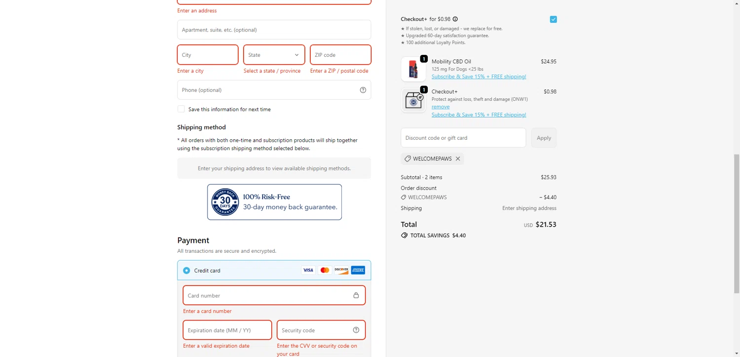 Honest Paws discount code screenshot showing code WELCOMEPAWS applied at Honest Paws checkout page. Uploaded by SimplyCodes community member CleverHawk1744 on Dec 29, 2025