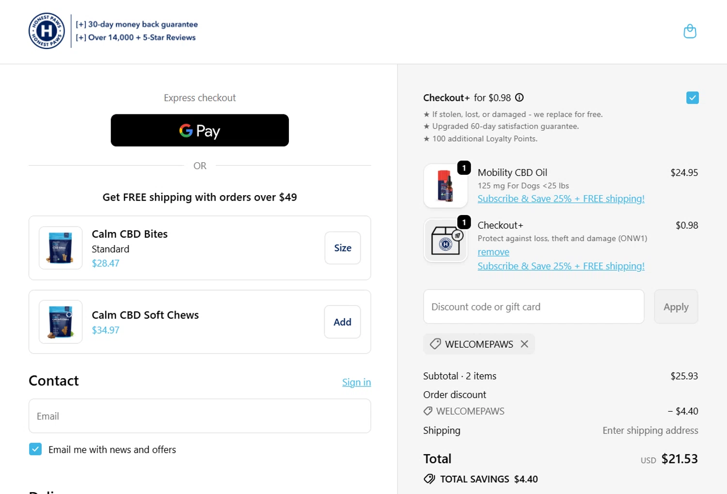 Honest Paws discount code screenshot showing code WELCOMEPAWS applied at Honest Paws checkout page. Uploaded by SimplyCodes community member Sebastiangil on Nov 30, 2025
