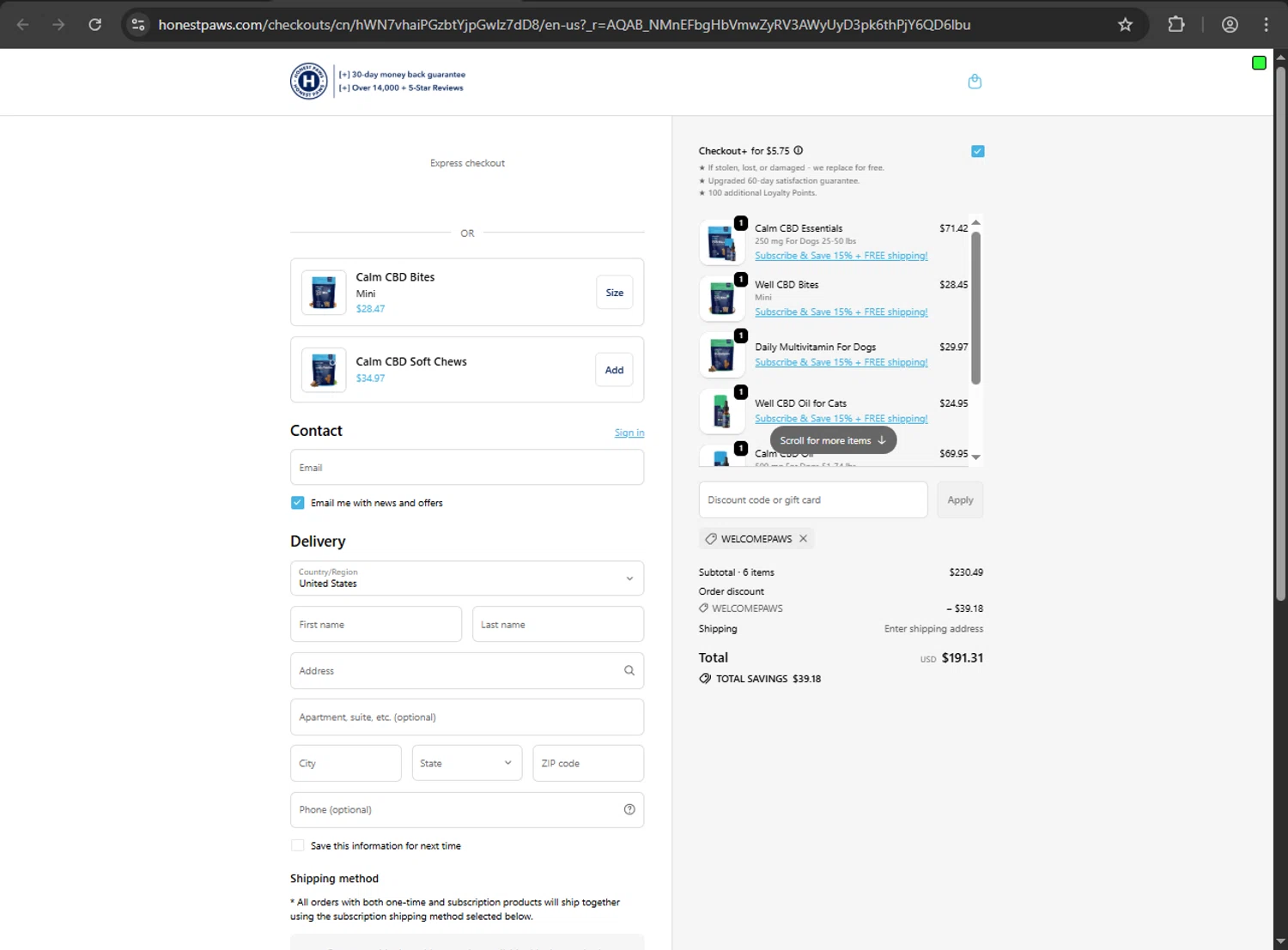 Honest Paws discount code screenshot showing code WELCOMEPAWS applied at Honest Paws checkout page. Uploaded by SimplyCodes community member ShrewdDefender8496 on Jan 23, 2026