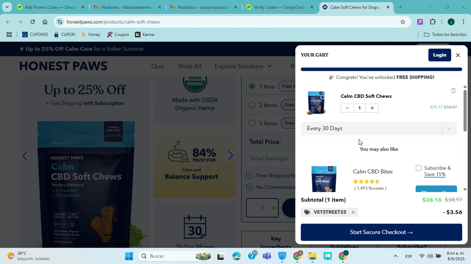 Honest Paws discount code screenshot showing code VETSTREET25 applied at Honest Paws checkout page. Uploaded by SimplyCodes community member ABHF23 on Jun 8, 2025