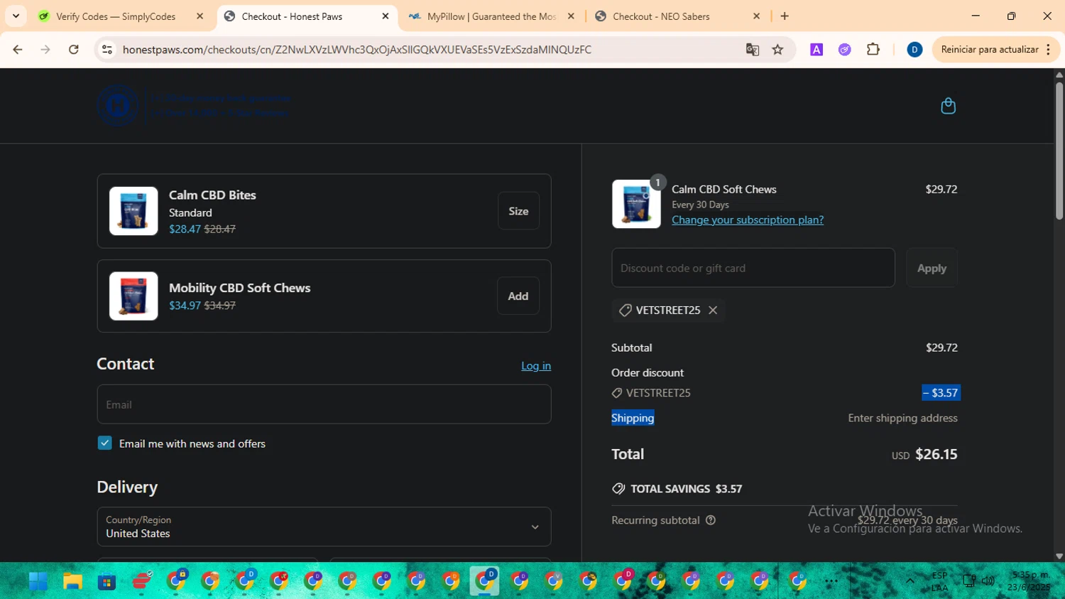 Honest Paws discount code screenshot showing code VETSTREET25 applied at Honest Paws checkout page. Uploaded by SimplyCodes community member DealVoyager8768 on Jun 23, 2025