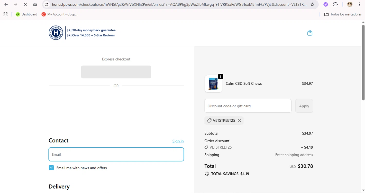 Honest Paws discount code screenshot showing code VETSTREET25 applied at Honest Paws checkout page. Uploaded by SimplyCodes community member LegendaryTitan9160 on Nov 30, 2025