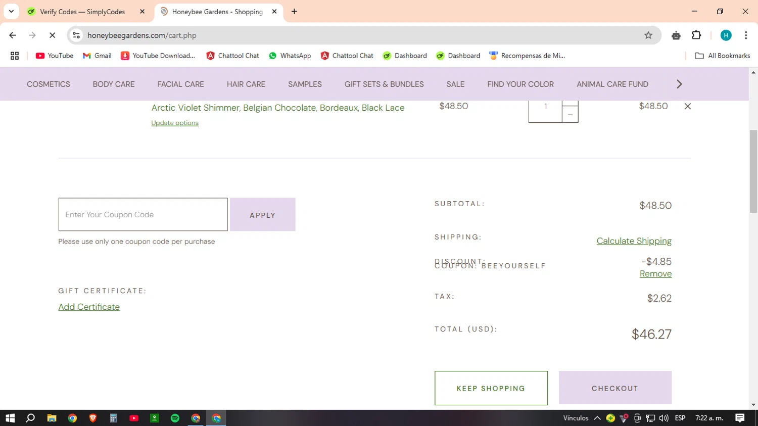 Honeybee Gardens coupon code screenshot showing code BEEYOURSELF applied at Honeybee Gardens checkout page. Uploaded by SimplyCodes community member MACHINEv1 on Feb 12, 2025
