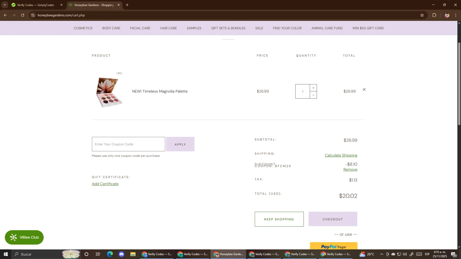 Honeybee Gardens checkout page showing Honeybee Gardens coupon code box | Screenshot taken by SimplyCodes community member on Nov 25, 2025
