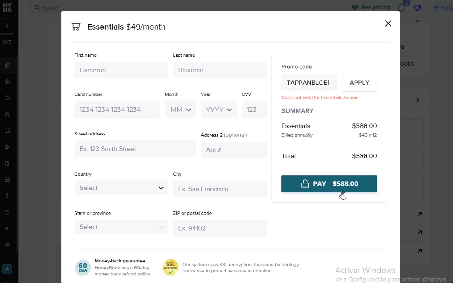 Honeybook promo code screenshot showing code TAPPANBLOEM applied at Honeybook checkout page. Uploaded by SimplyCodes community member BudgetGuardian5712 on Dec 19, 2025