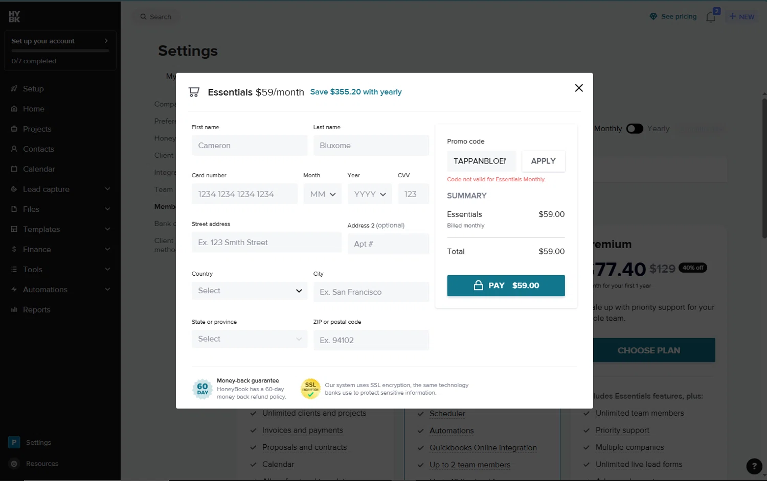 Honeybook promo code screenshot showing code TAPPANBLOEM applied at Honeybook checkout page. Uploaded by SimplyCodes community member PrimeWhiz5416 on Dec 19, 2025