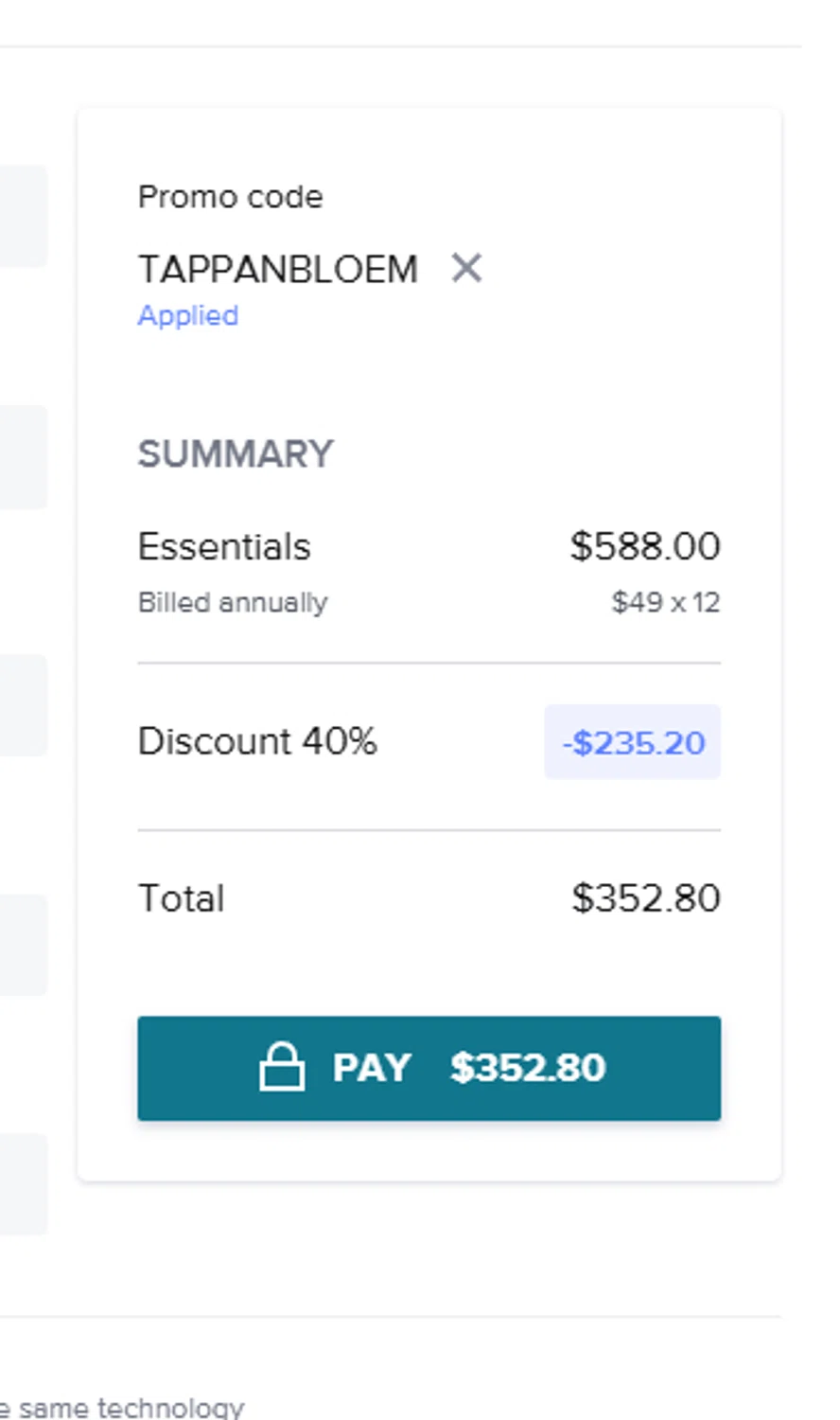 Honeybook promo code screenshot showing code TAPPANBLOEM applied at Honeybook checkout page. Uploaded by SimplyCodes community member cuticula on Dec 24, 2025