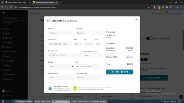 Honeybook checkout page showing Honeybook promo code box | Screenshot taken by SimplyCodes community member on Aug 18, 2025