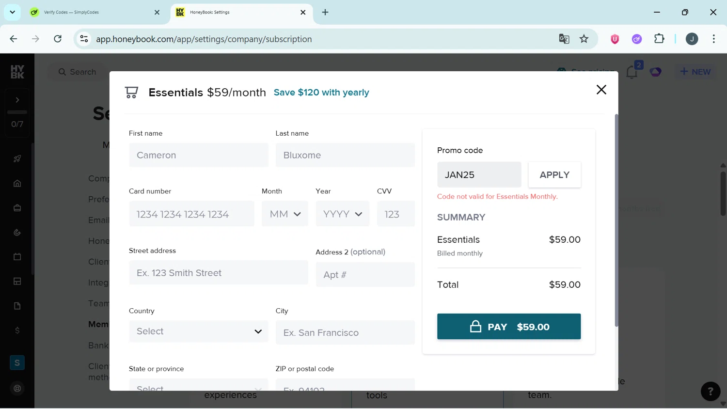 Honeybook promo code screenshot showing code JAN25 applied at Honeybook checkout page. Uploaded by SimplyCodes community member FortunateSpotter4996 on Dec 21, 2025