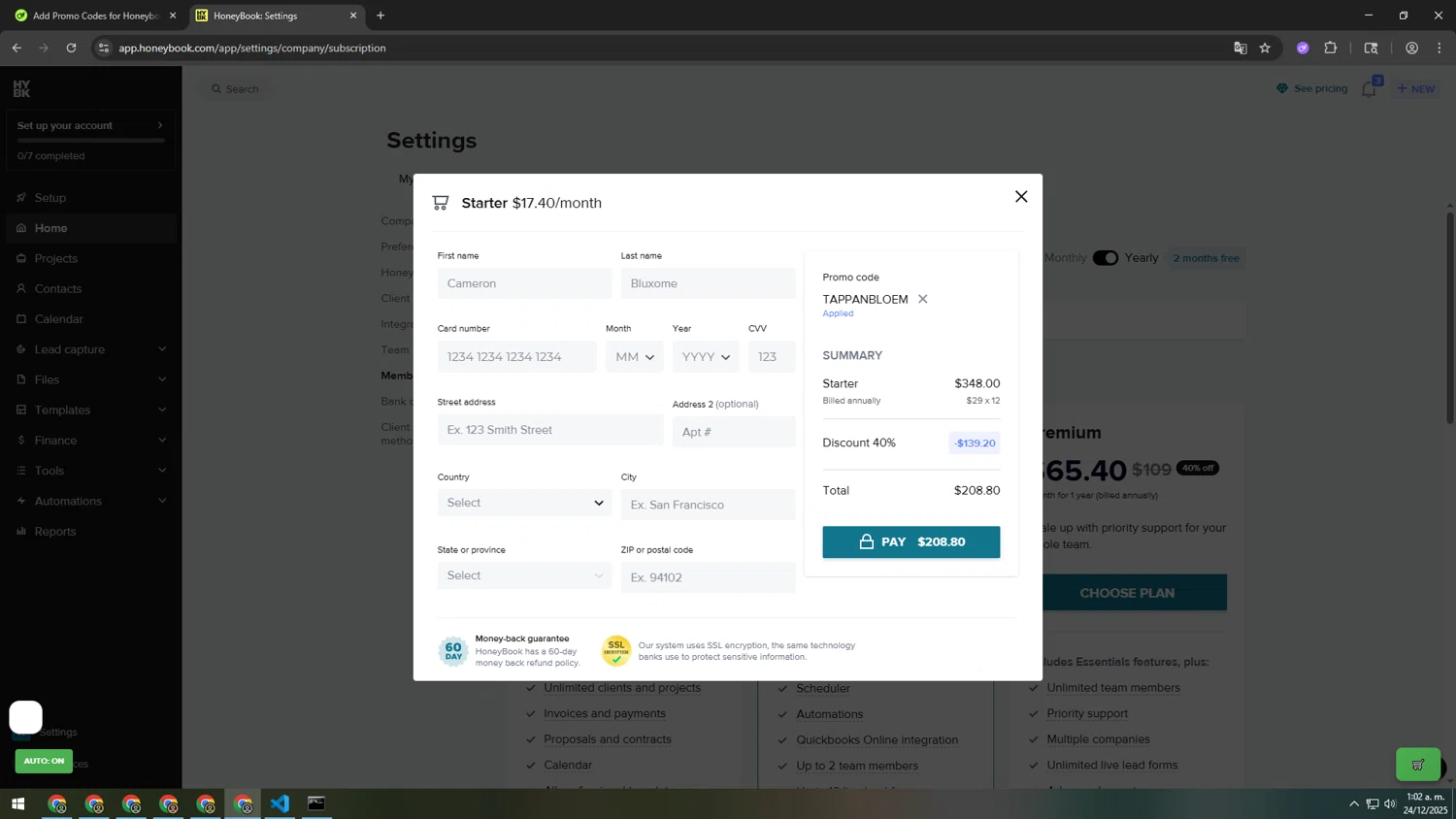 Honeybook promo code screenshot showing code TAPPANBLOEM applied at Honeybook checkout page. Uploaded by SimplyCodes community member INSECTOS on Dec 24, 2025