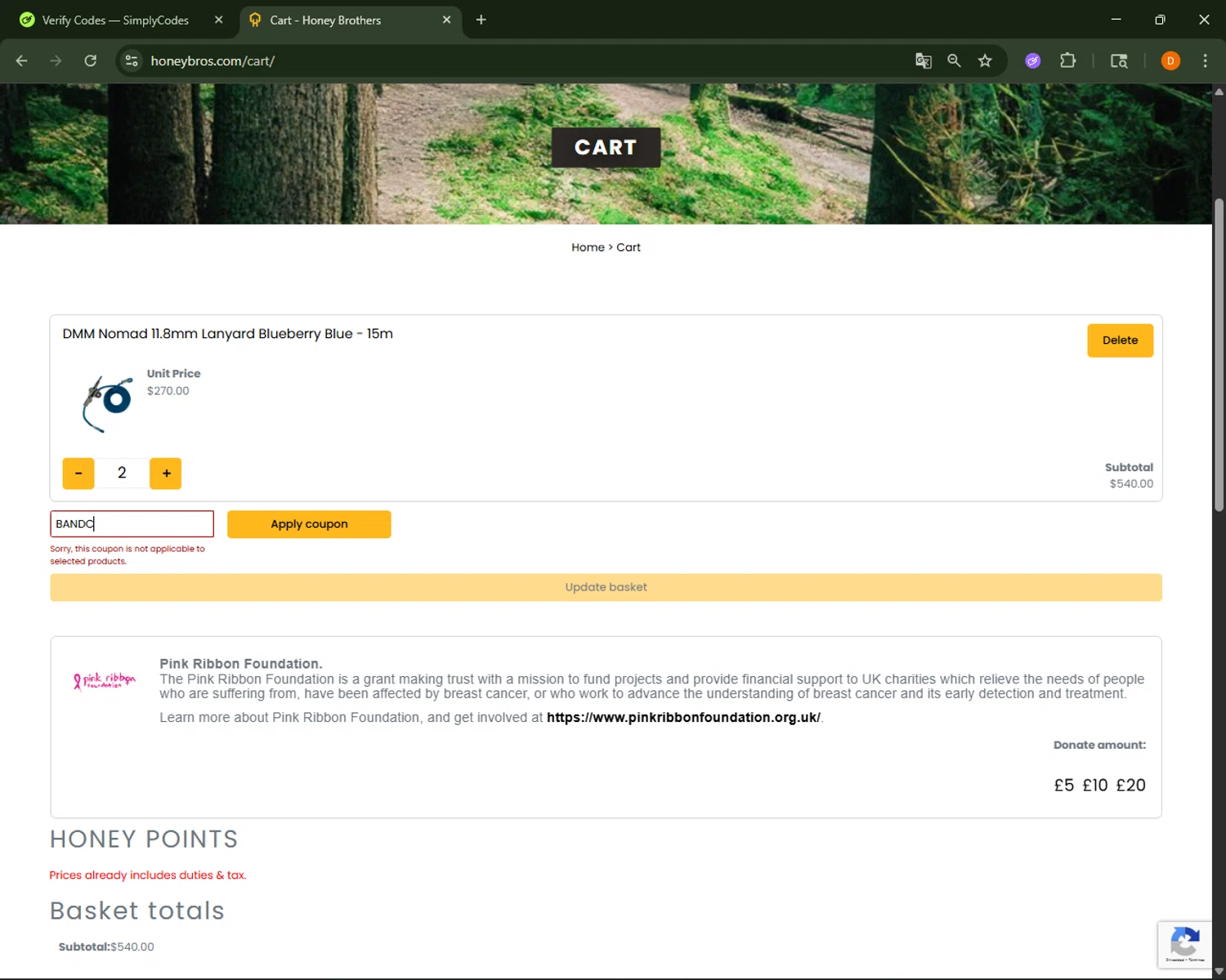 Honey Brothers discount code screenshot showing code BANDC applied at Honey Brothers checkout page. Uploaded by SimplyCodes community member FrugalFalcon351 on Nov 4, 2025
