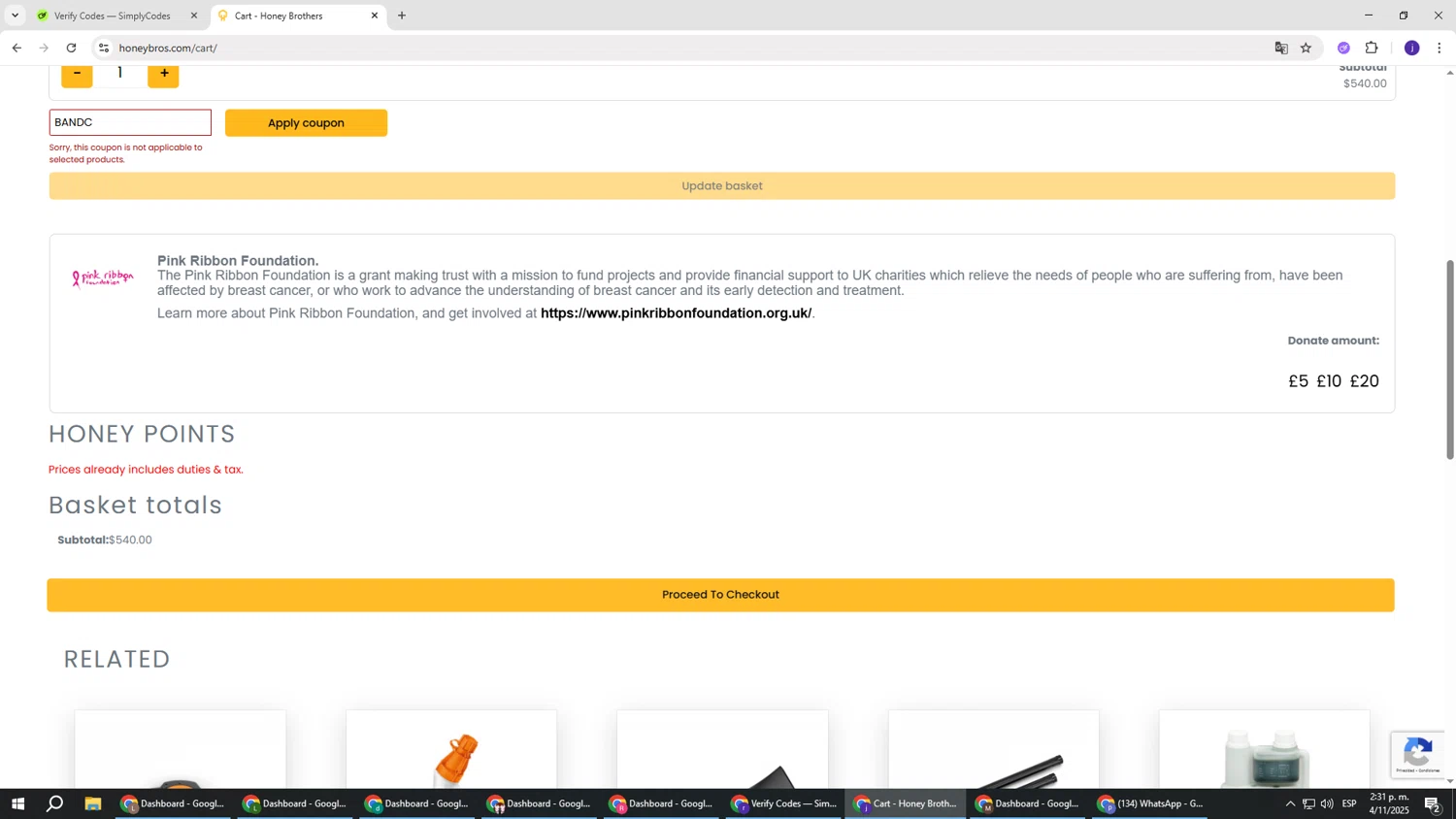 Honey Brothers discount code screenshot showing code BANDC applied at Honey Brothers checkout page. Uploaded by SimplyCodes community member simplycodesssss on Nov 4, 2025