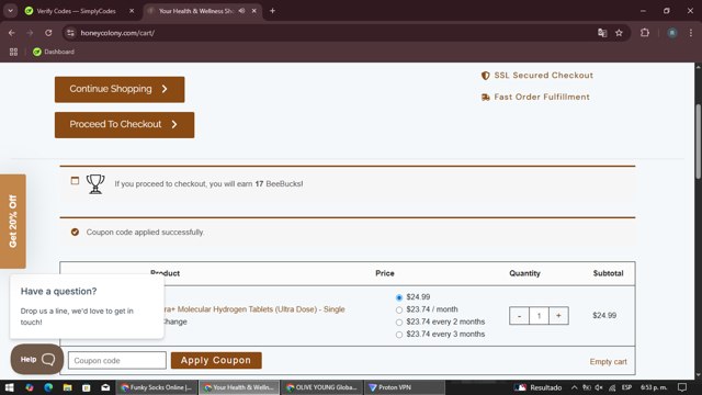 Honey Colony checkout page showing Honey Colony promo code box | Screenshot taken by SimplyCodes community member on Aug 10, 2025