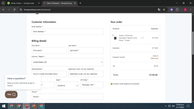 Honey Colony checkout page showing Honey Colony promo code box | Screenshot taken by SimplyCodes community member on Jul 21, 2025