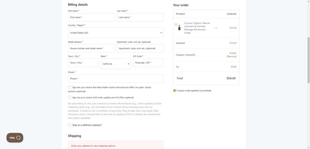 Honey Colony checkout page showing Honey Colony promo code box | Screenshot taken by SimplyCodes community member on Aug 5, 2025
